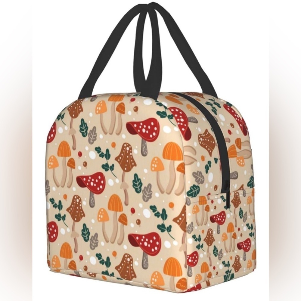 Insulated Lunch Picnic Bag Mushroom Print Red Beige Orange Lunchbox Cooler Tote - Picture 2 of 14